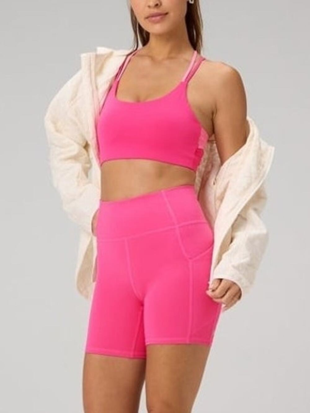 Fabletics 2 pc Workout SET Sports Bra & Biker Shorts XS Hot Pink Gym Athletic